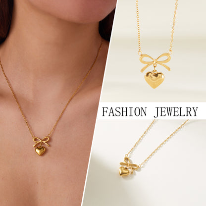 Bow Heart Charm Necklace
