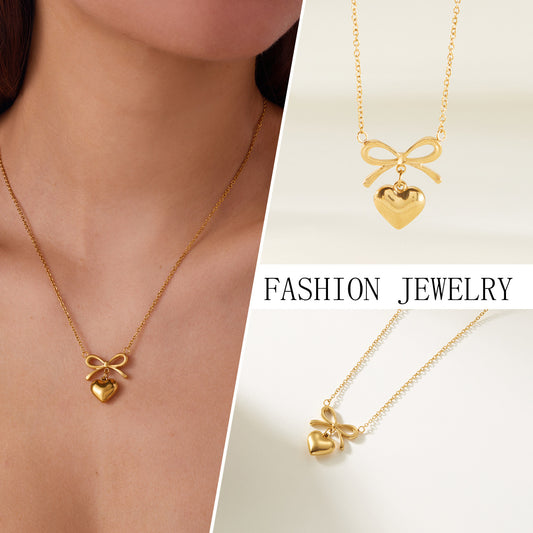 Bow Heart Charm Necklace